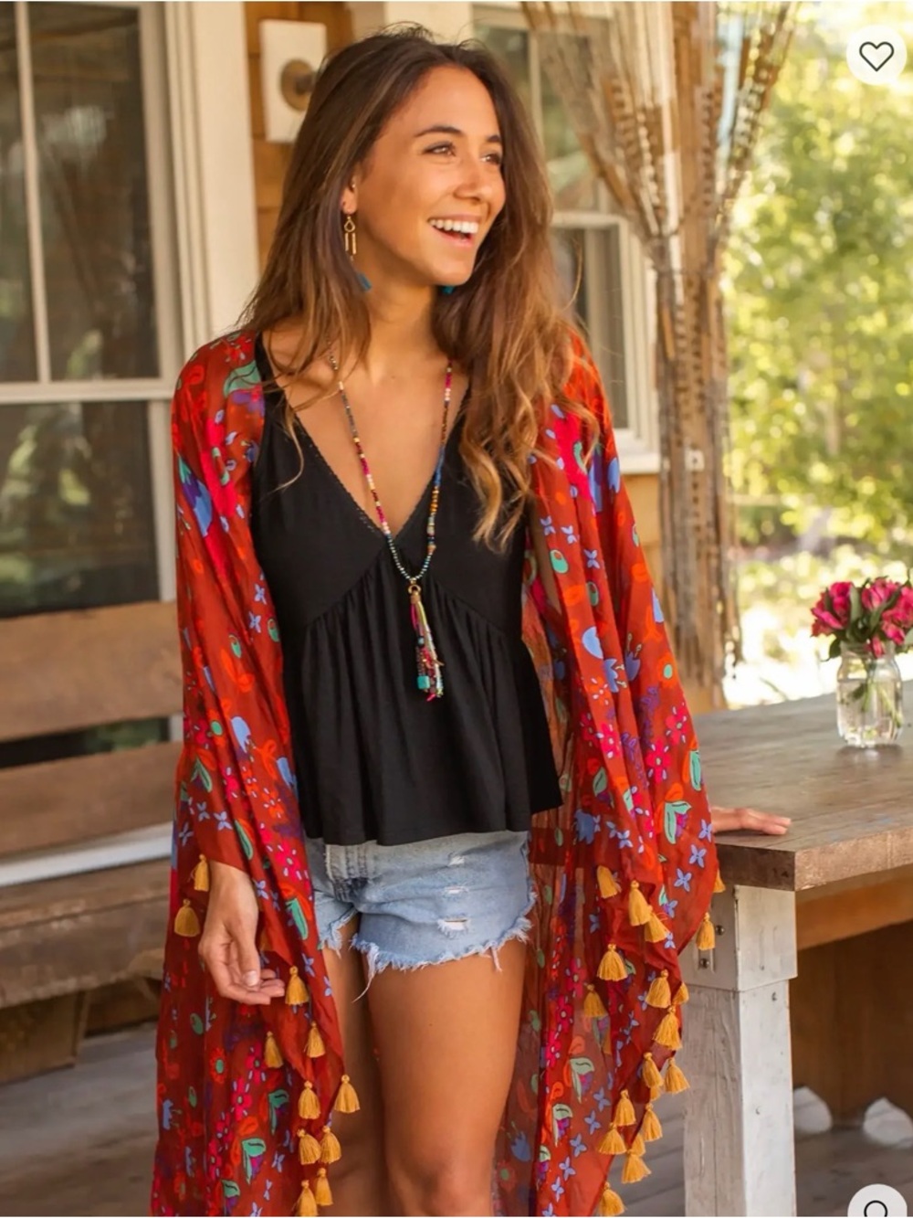 🔘Natural Life “Soleil” Red Floral Tassel Kimono